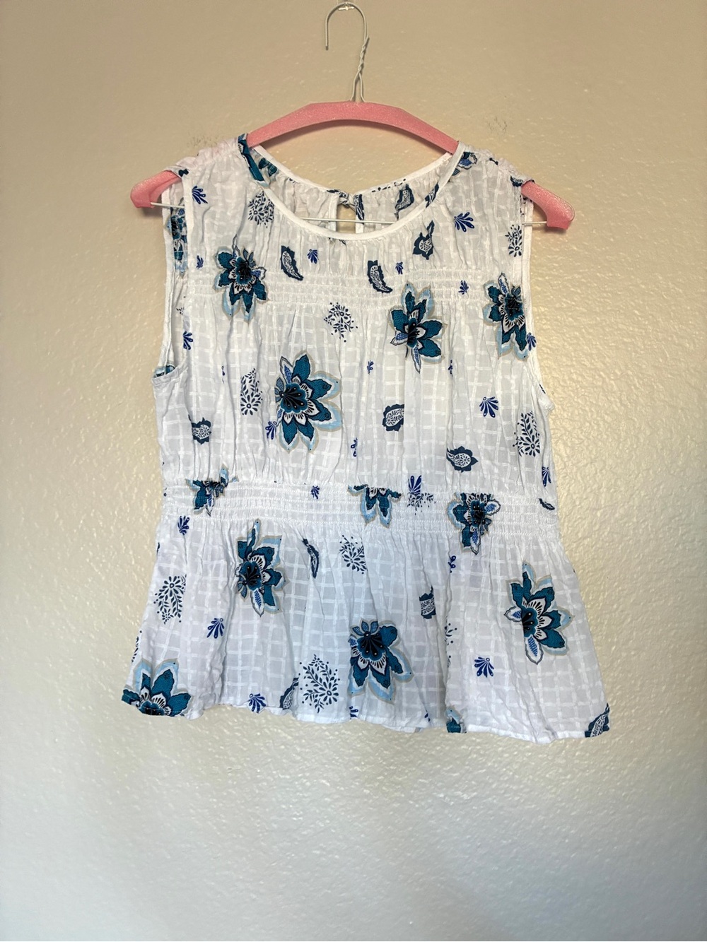 Unbranded Cotton-Blend White Sleeveless Peplum Top with Blue Floral Print Boho - Picture 1 of 7